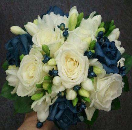 Eileen Jenkins Teal, White Roses And freesia Bouquet